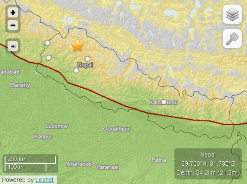 尼泊爾發生5.0級地震震源深度34.2公里