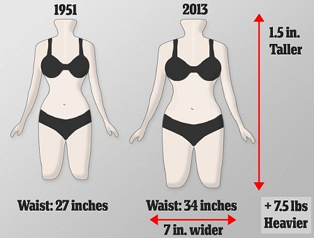 現今英國女性的平均腰圍已從1951年時的68厘米上升到86厘米，而胸圍和臀圍并沒有相應增加，因此體型更接近于長方形